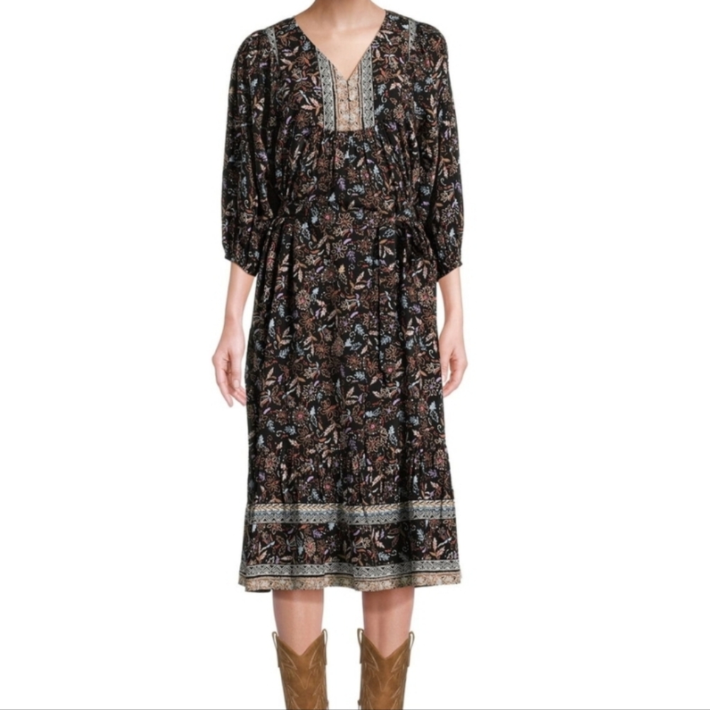 beachlunchlounge Black Floral Puff Sleeve Midi Dress